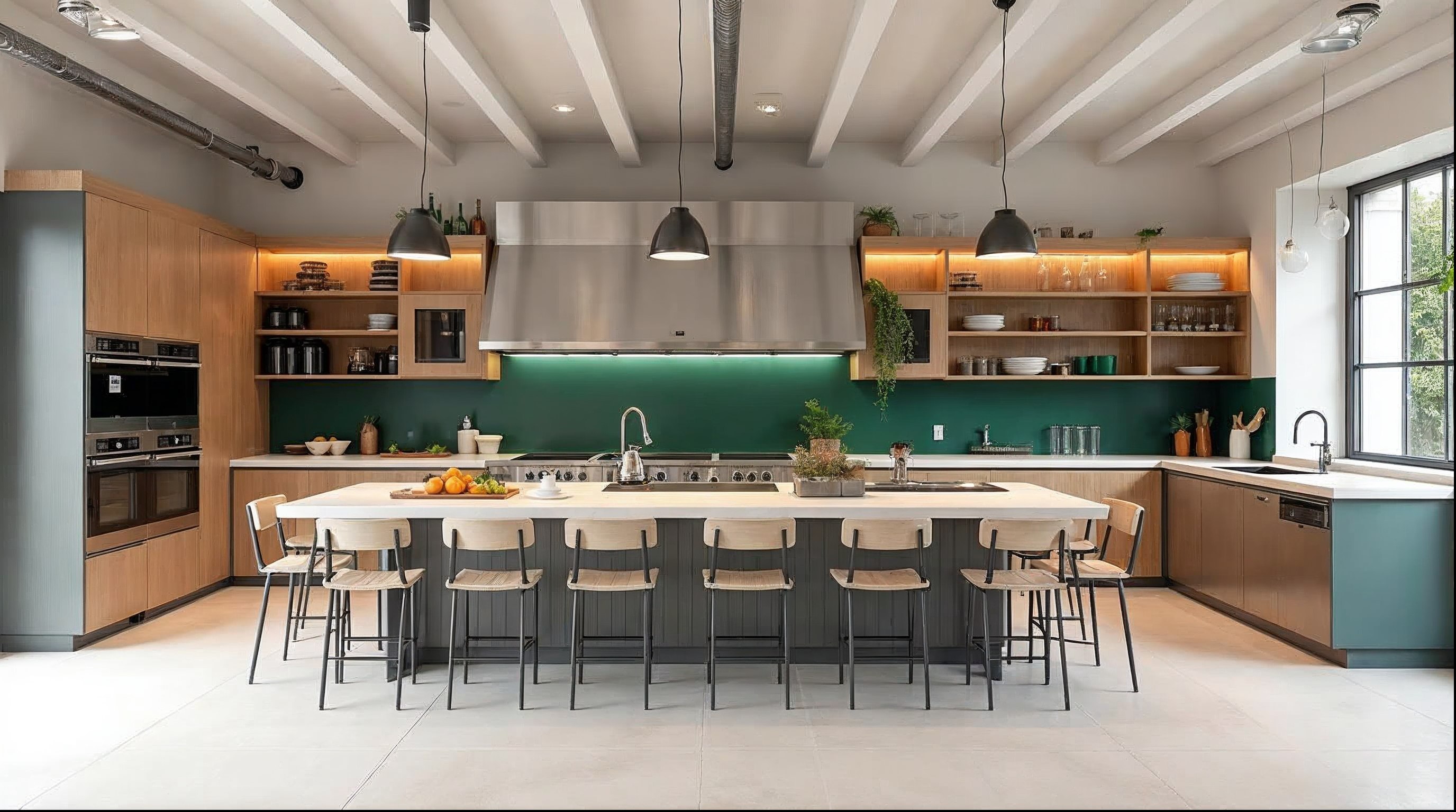 Zona de cocina del club, equipada con isla, hornos y superficies de trabajo
